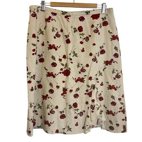 3/$25 Vtg Floral Linen Blend Midi Skirt Beige Red Roses ALine Kick Pleat Sz 16P - Picture 1 of 6